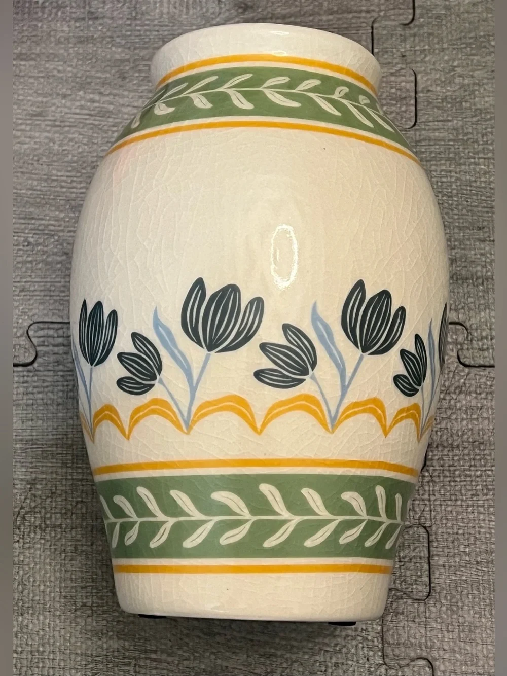 Ceramic Floral Decorative Vase, Cream Green Yellow Blue, Flowers Pattern